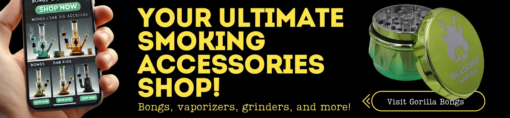 iPhone displaying the Gorilla Bongs website with bongs, dab rigs, and a 'Shop Now' button, featuring a sleek design and premium colours.